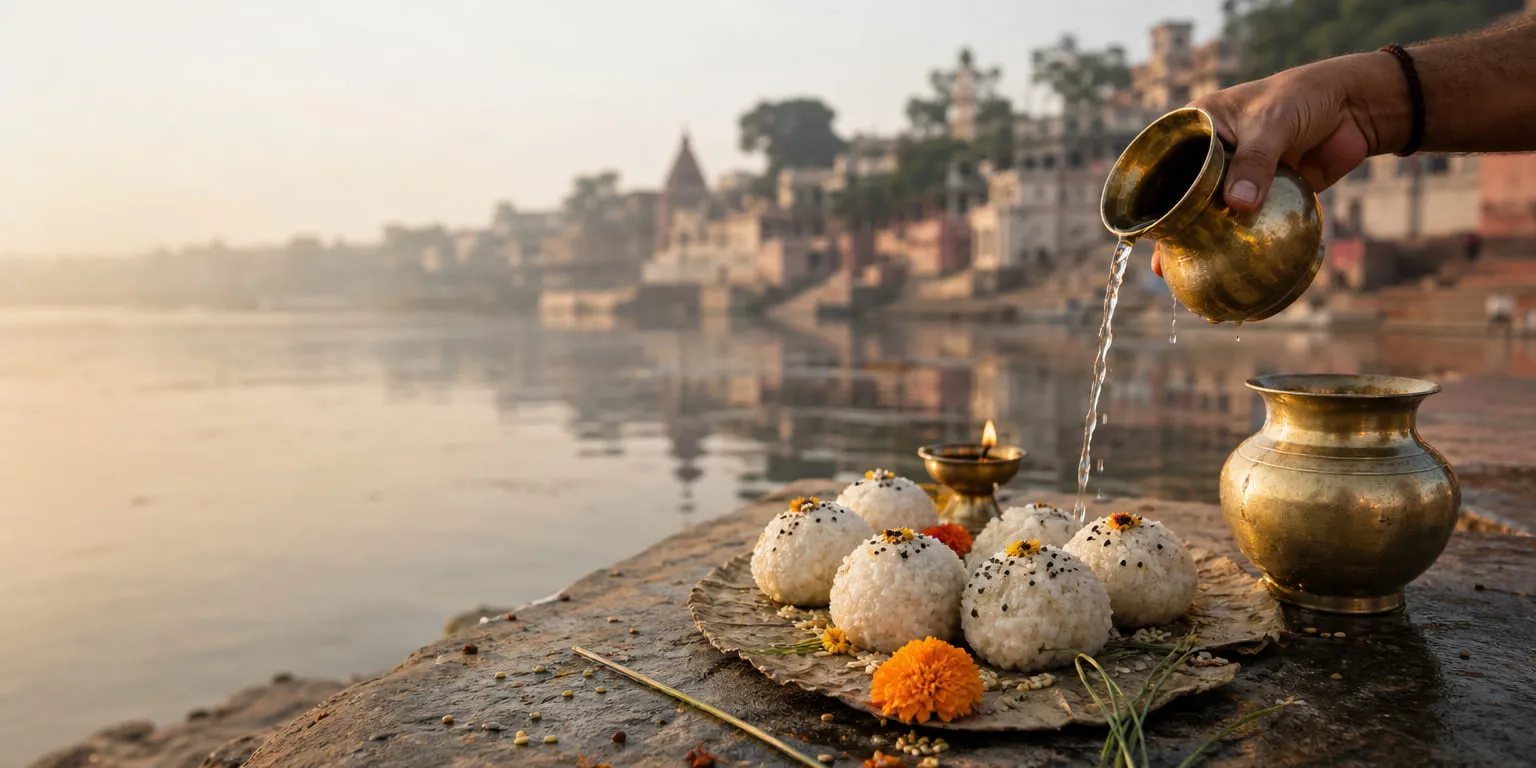 Water poured from a brass vessel over rice pindas at the river edge.