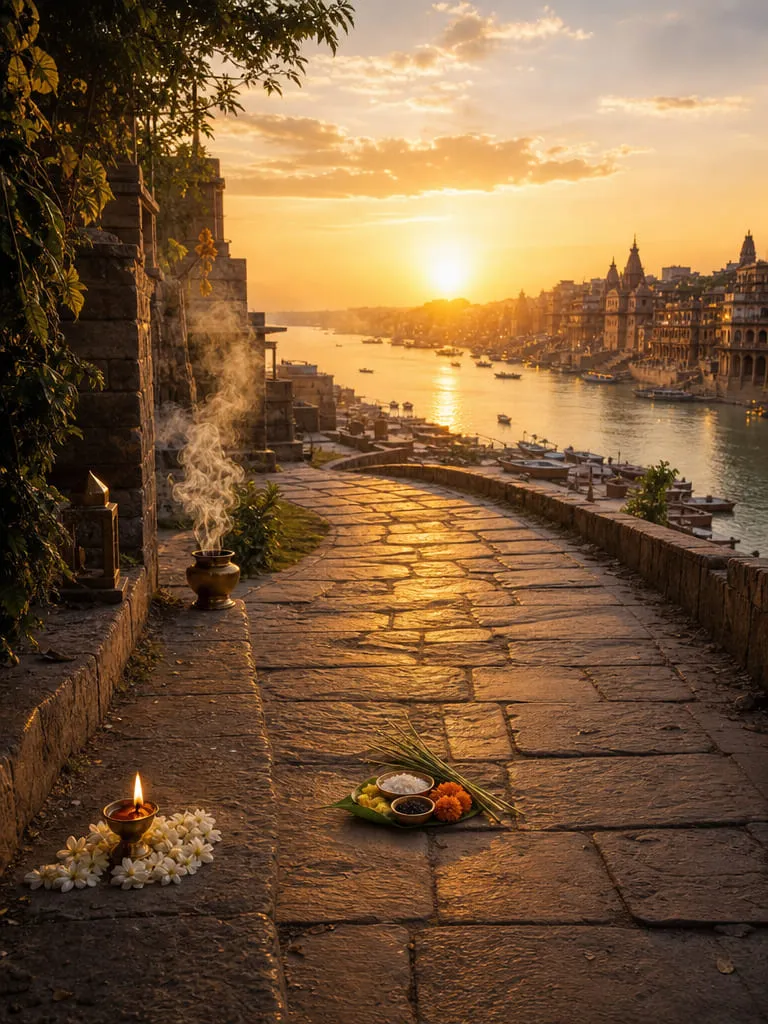 A stone path along the ghats at sunset, with an oil lamp, jasmine and offerings set beside it.
