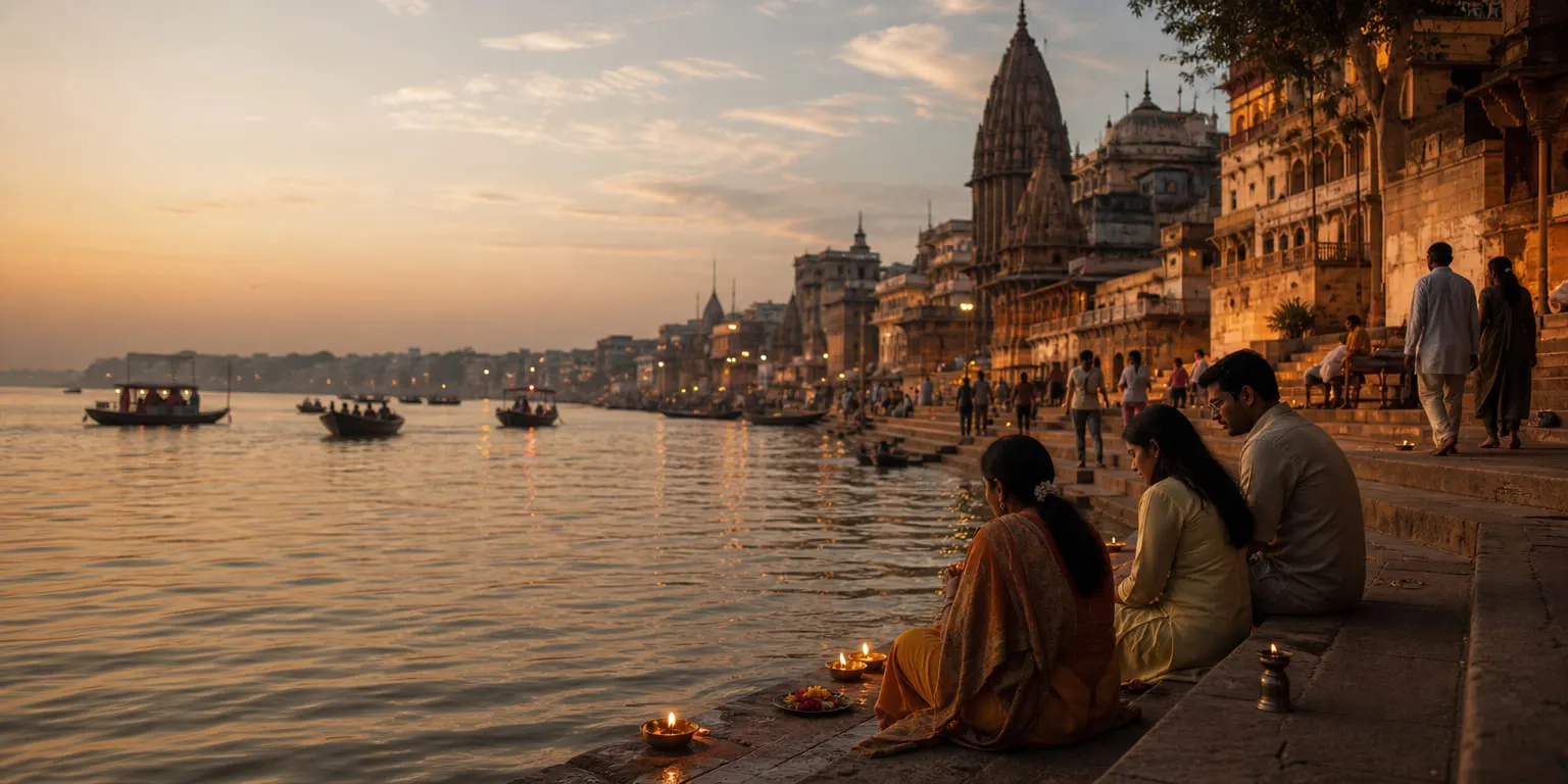 A family seated on the ghat steps at dusk with lamps, boats on the river beyond.