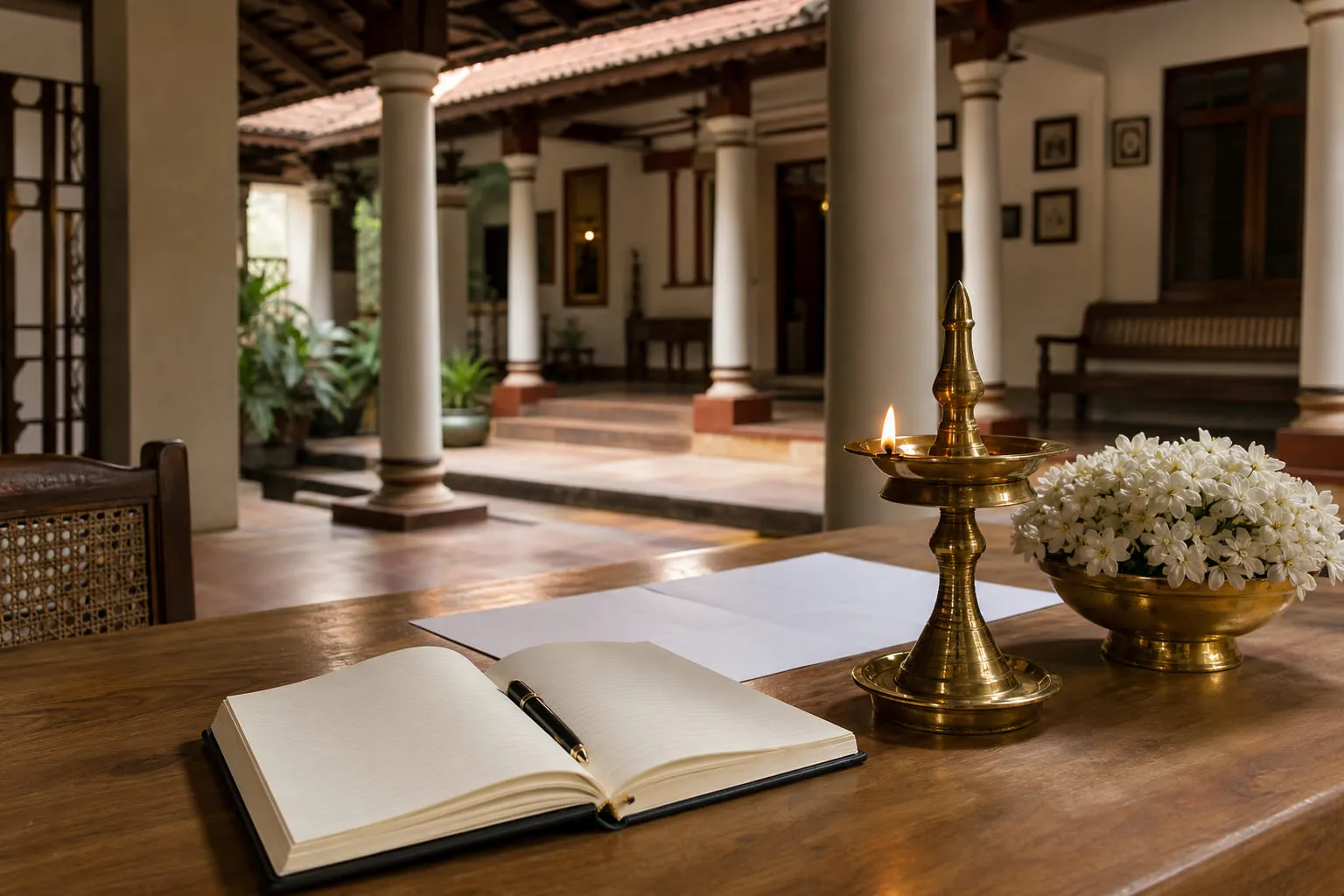 An open register and pen on a table beside a brass lamp and jasmine.