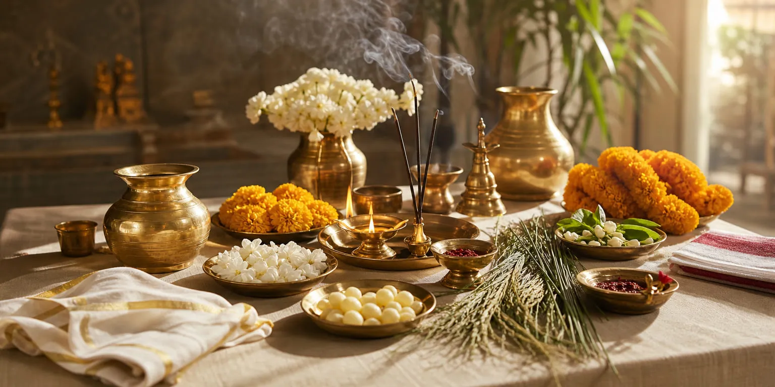 A table laid with brass vessels, marigolds, jasmine, rice and incense for the rites.