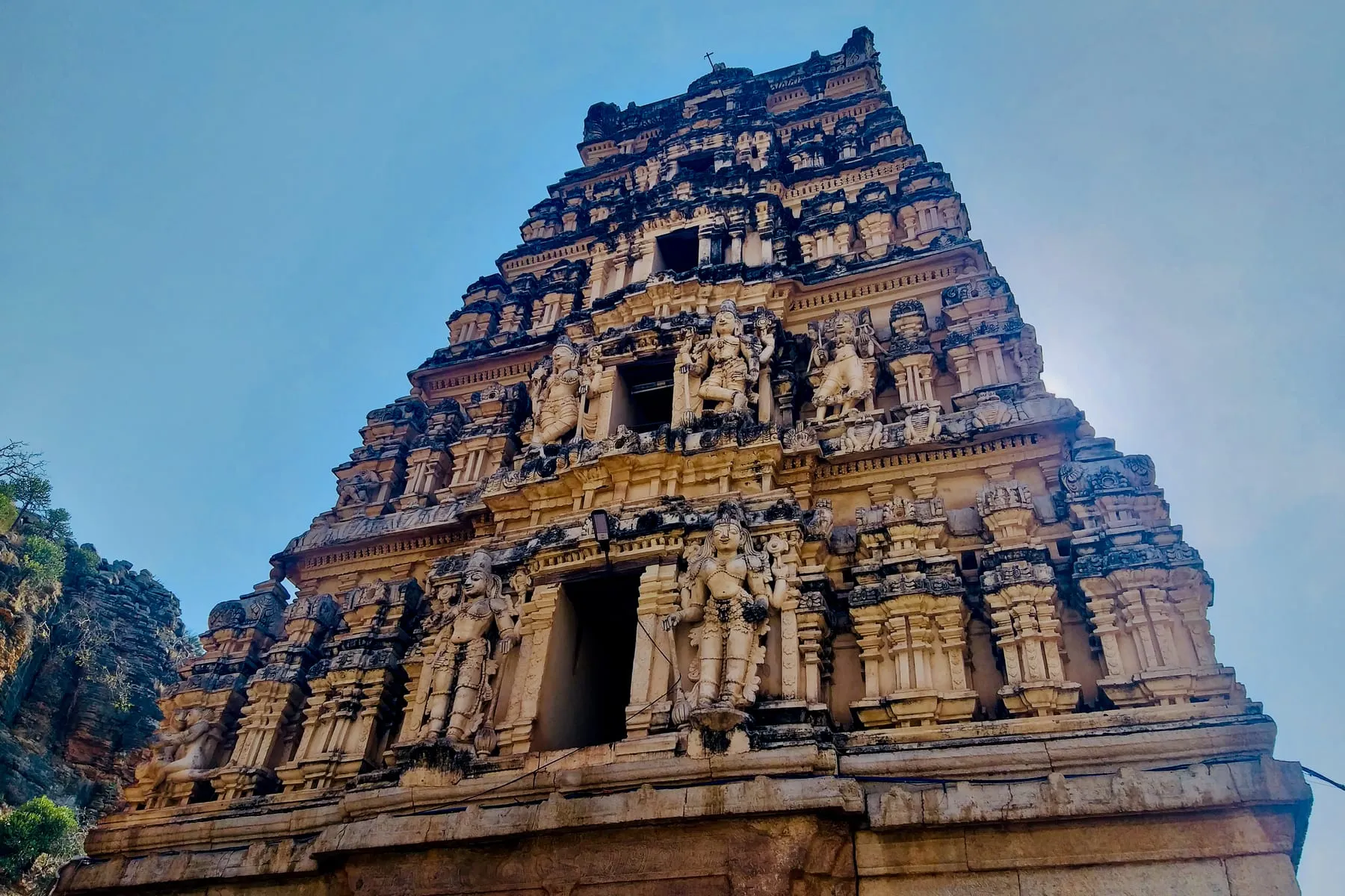 The carved gopuram tower of a South Indian temple.